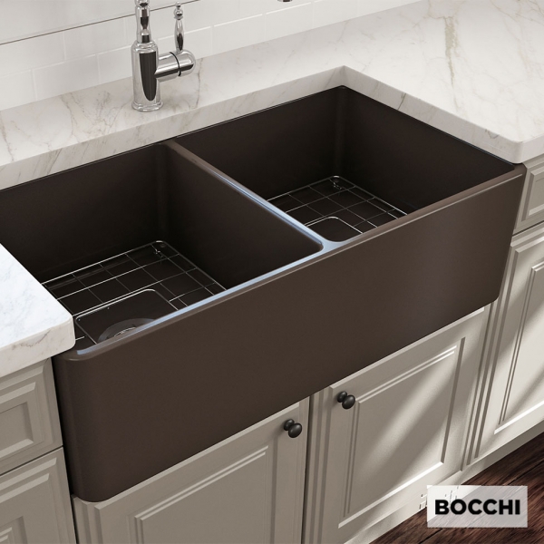 Νεροχύτης κουζίνας από πορσελάνη Bocchi, υποκαθήμενος 84x46εκ., χρώμα Brown matt.