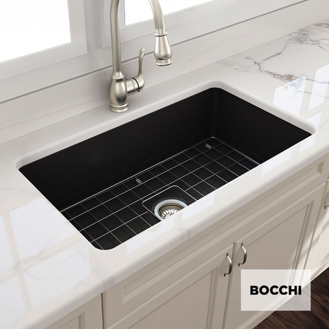 Νεροχύτης κουζίνας από πορσελάνη Bocchi, ένθετος ή υποκαθήμενος 81x48εκ., χρώμα Black matt.