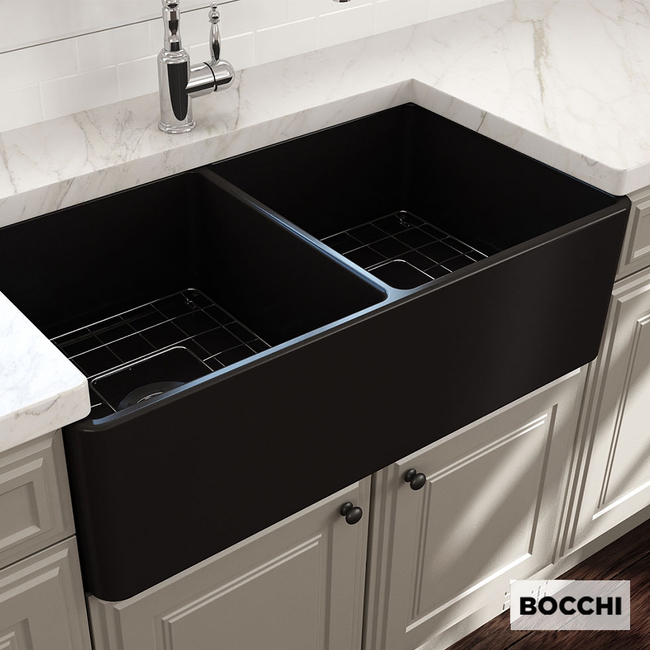 Νεροχύτης κουζίνας από πορσελάνη Bocchi, υποκαθήμενος 84x46εκ., χρώμα Black matt.