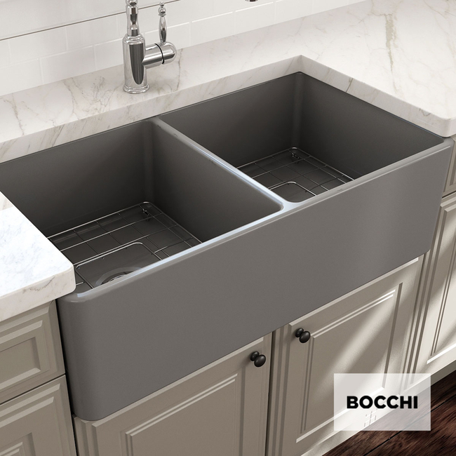 Νεροχύτης κουζίνας από πορσελάνη Bocchi, υποκαθήμενος 84x46εκ., χρώμα Grey matt.