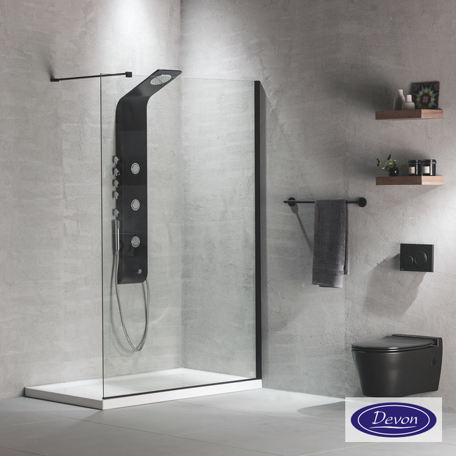 IWIS Walk-In 50 Shower Glass Screen, Adjustable From 47 To 49 cm, Devon Clean Glass Black Matt