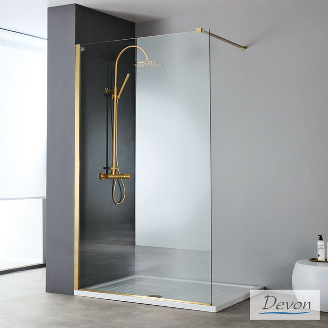 Shower Glass Screen IWIS Walk-In 100 h.220 Adjustable From 96 To 98cm, Devon Clean Glass Inox AISI304 Gold Brushed