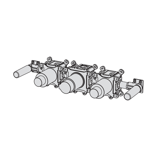 Built-in part for wall-mounted horizontal bath group made of thermostatic mixer, fixed spout, 2 stop valves, water connection with fixed shower holder, hand shower and 150 cm flexible hose - 3/4" connections brushed gold