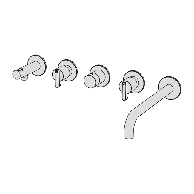 External part for wall-mounted horizontal bath group made of thermostatic mixer, fixed spout, 2 stop valves, and water connection with fixed shower holder, with 3/4" connections. To be completed with hand shower and flexible hose of your choice (Wellness 